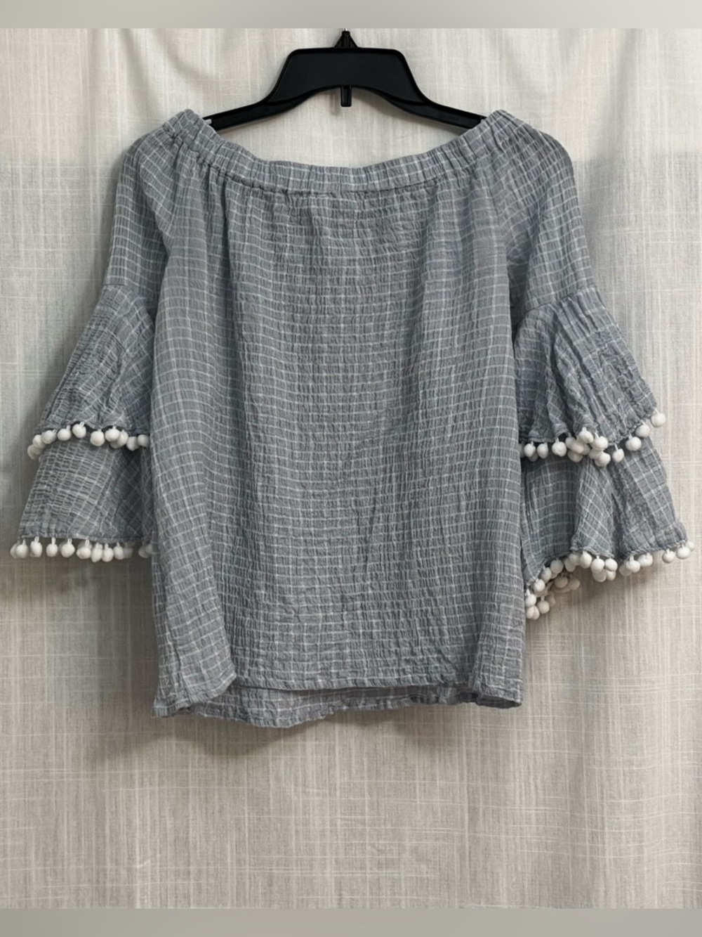 Cupio Blush Boho Off-Shoulder Bell Pom Pom Sleeve Top Size S